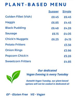 Most recent vegan menu as at 2nd October 2024  at Land and Sea Fish and Chip Shop in Polmont