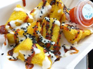 Crispy tofu (so good!) with mayo, and siracha swapped for reggae reggae sauce at Land and Sea Fish and Chip Shop in Polmont