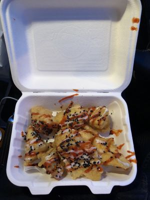 Fried tofu and chips  at Land and Sea Fish and Chip Shop in Polmont
