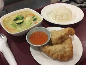 Thai green curry with gari puffs filled with pumpkin and kumara  at Ponsonby Food Court in Auckland
