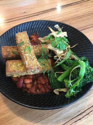Special, Housemade BBeans, Mroom Medley, Sautéed Broccolini with Polenta Chips  at Two Feet First in Chelsea