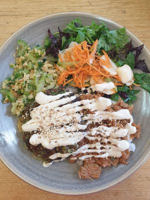 Jackfruit bulgogi, Fritter and salads $16.00 at Friends of the Earth Cafe in Collingwood