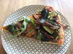 Vegan pizza at Friends of the Earth Cafe in Collingwood