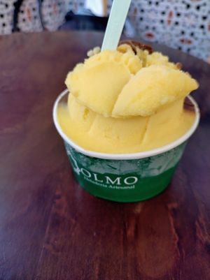 Passionfruit and chocolate sorbet at OLMO Heladería Artesanal in Sevilla