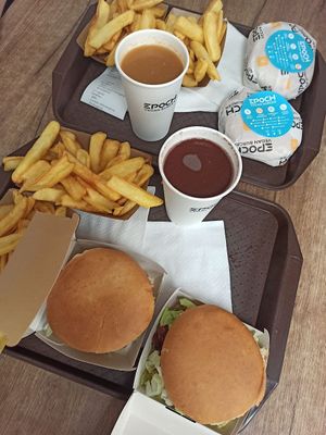 burgers, fries, drinks at Epoch Vegan Burger in Budapest