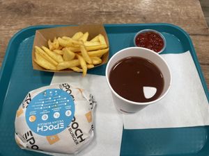 Bbq burger, chips and cherry juicee  at Epoch Vegan Burger in Budapest