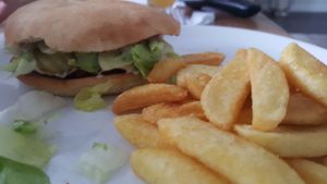 Regular wheat burger with chips at Epoch Vegan Burger in Budapest