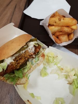 Duplalux with fries at Epoch Vegan Burger in Budapest