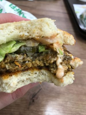 hair poking out of the patty :/ at Epoch Vegan Burger in Budapest