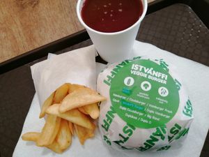 Istvanffi Burger mdalwith sour cherry juice. at Epoch Vegan Burger in Budapest