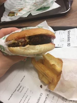 Mushroom burger and chips at Epoch Vegan Burger in Budapest