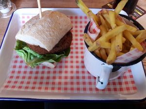 Spicy bean burger and chips at The Peak Hotel in Castleton