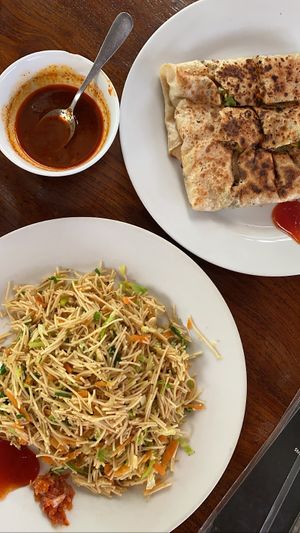 Vegetable noodles and vegetable roti (both vegan)  at No. 1 Dewmini Roti Shop in Mirissa