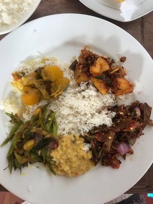 Rs420 for 5 curries and papadam, must be ordered hours in advance  at No. 1 Dewmini Roti Shop in Mirissa