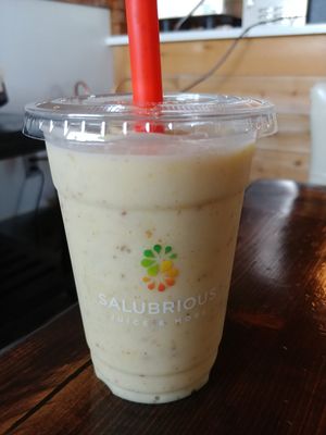 $4.99 Small Ocean Smoothie: orange, banana, Pineapple and date, really nice, a bit sweet, one of our favorite at Salubrious Juice & More in Frisco