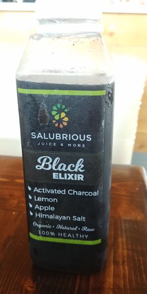 $6.99 Black Elixer (16oz) - Himalayan Salt is strong but a good combination of flavors. at Salubrious Juice & More in Frisco