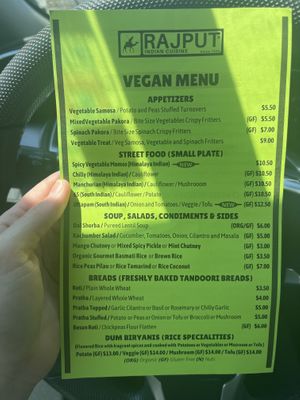 Vegan menu May 2022 (front)  at Rajput Indian Cuisine in Norfolk