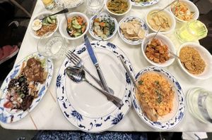 All vegan rice table dishes (apart from the egg!)  at Indrapura in Amsterdam