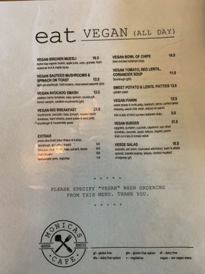 Vegan menu   at Monica's Cafe in Maleny