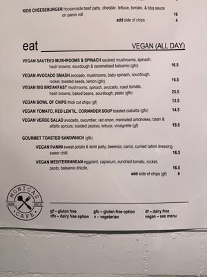 Vegan menu  at Monica's Cafe in Maleny