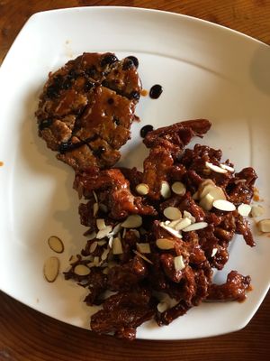 Crispy sweet n sour with almond flakes on the right; grilled piece w BBQ sauce at Bitgaram Vegan Buffet 빛가람채식뷔페" in Chungju