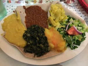 'Vegetarian Combo Plate'. Server assured me it was vegan as well.   at Queen Sheba in Sacramento