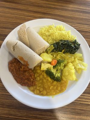 Plate with all of the available items from the vegan lunch buffet.   at Queen Sheba in Sacramento