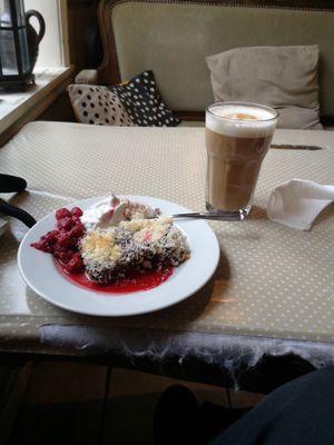 Vegan choco-coco brownie with coconut whipcream at Ebbas in Lund