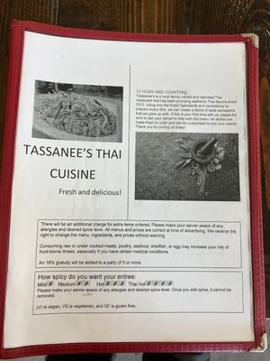 Menu cover   at Tassanee's Thai Cuisine in Fort Smith
