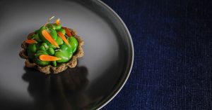 Kombu tart, broad beans + tofu at Flat Three  in West London