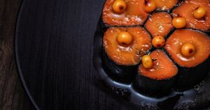 San carrots wrapped in Korean seaweed + pickled sea buckthorn at Flat Three  in West London