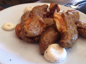 The house potatoes are so crispy on the outside, and tender on the inside, served with incredibly good cream sauce or their YUM-O ketchup! at The Gold Leaf in Fort Collins