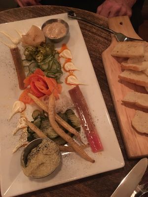 Pickle plate included veggies, onions, peppers, apples, bread, and 3 sauces! at The Gold Leaf in Fort Collins