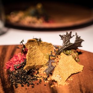 one dish of the 9 course vegan menu at El Baqueano in Buenos Aires