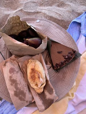 Vegan empanada, figs, raw choc cheesecakee  at Moringa Fresh and Wild  in Puerto Escondido