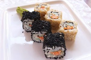 Black & White Sesame Inside out-roll! 
Homemade toasted black and white sesame.
Homemade Vegan mayonnaise. Delicious ! at Sushi Kitchen in Penang