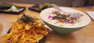 Golden Porridge with Mushroom tempura. 
Comfort body after a hectic day with this porridge.
flavourful and tasty! at Sushi Kitchen in Penang