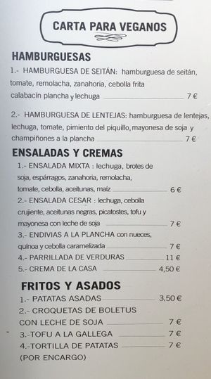 Carta vegana at Pitas Pitas in Plasencia