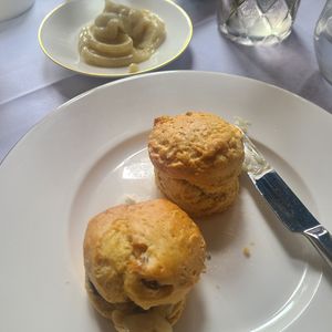 Scones and the "vegan" clotted cream was good, it tasted "vanilla-y" at The Tea Room at The Midland Hotel in Manchester