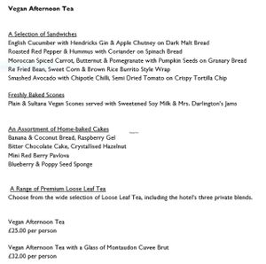 Vegan Afternoon Tea Menu at The Tea Room at The Midland Hotel in Manchester