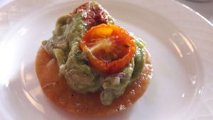 Avocado chipotle chilli & sundried tomato on crisp tortilla at The Tea Room at The Midland Hotel in Manchester