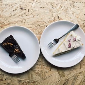 Vegan brownie and lemon cake  at Wilk Syty in Wroclaw