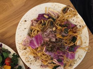 spagetti with peanut sauce at Wilk Syty in Wroclaw