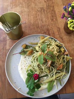 Pasta with pesto, potatos, chantarelle etc 26zl; mmmmmm ❤️ at Wilk Syty in Wroclaw