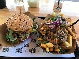 Burger and deluxe chips at Vegan Junk Food Bar - 2D in Amsterdam