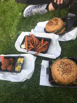 The original burger, amsterdamse bitterballen and sweet patato fries! at Vegan Junk Food Bar - 2D in Amsterdam