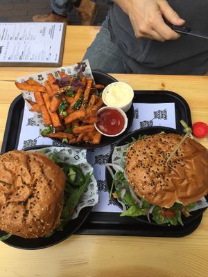burgers and sweet potato fries  at Vegan Junk Food Bar - 2D in Amsterdam