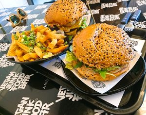 Original burger and fries at Vegan Junk Food Bar - 2D in Amsterdam
