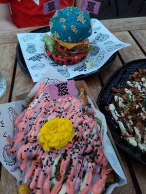 cheesy and garlic fries with mayo faux bacon and 'chicken'. at Vegan Junk Food Bar - 2D in Amsterdam