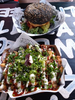 fries with mayo and fake meat.  at Vegan Junk Food Bar - 2D in Amsterdam